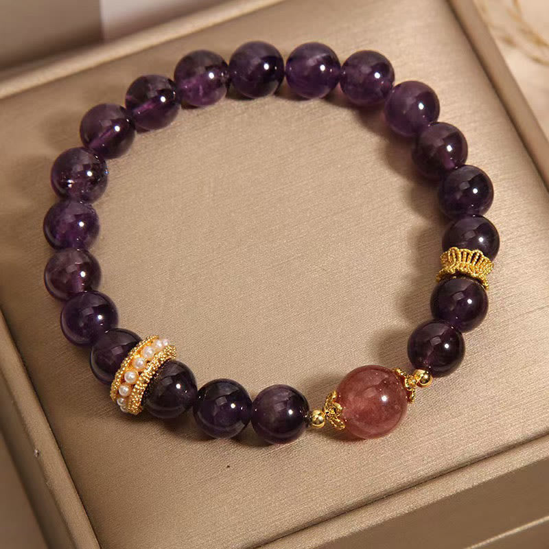 Natural Strawberry Quartz and Amethyst Beaded Energy Anchor Bracelet