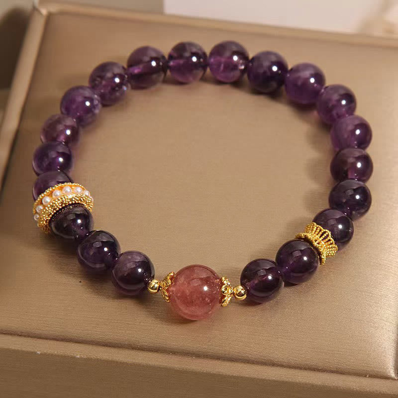 Natural Strawberry Quartz and Amethyst Beaded Energy Anchor Bracelet
