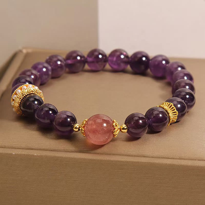Natural Strawberry Quartz and Amethyst Beaded Energy Anchor Bracelet
