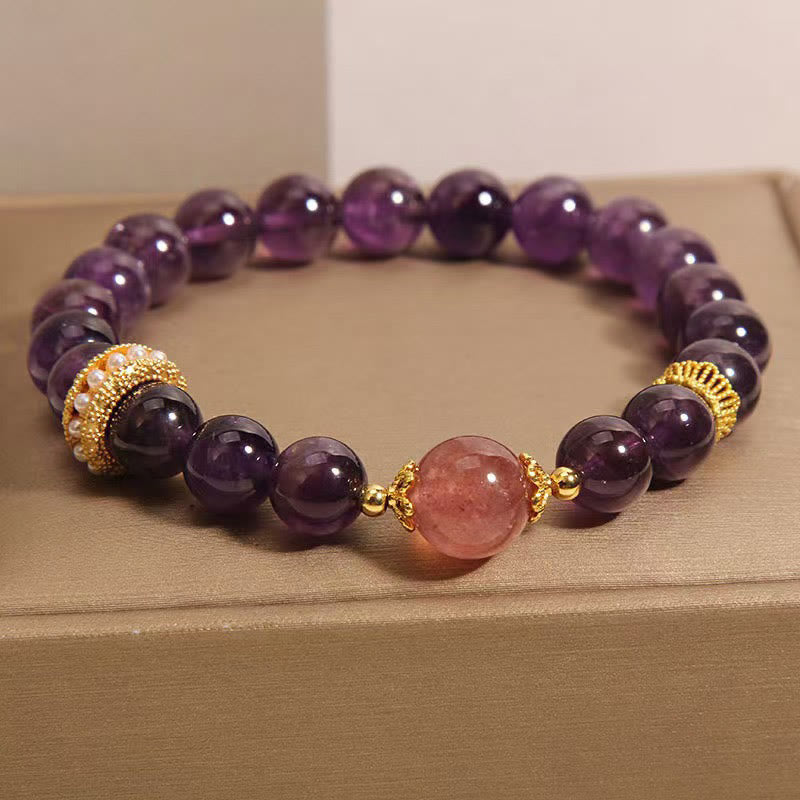Natural Strawberry Quartz and Amethyst Beaded Energy Anchor Bracelet