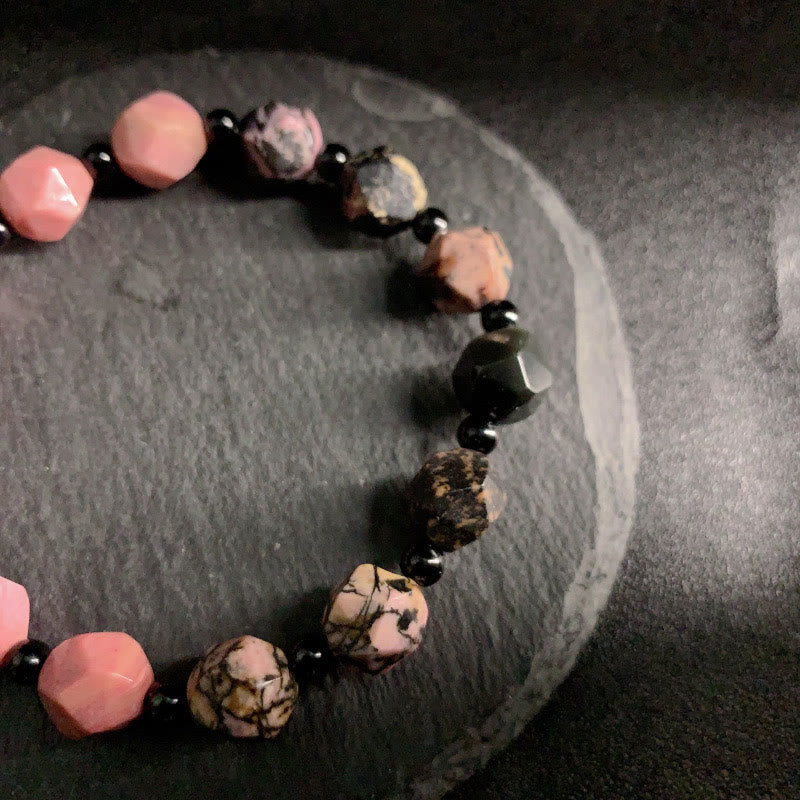 Natural Rhodonite Polygon Bead Bracelet with Black Line & Red Spot Details