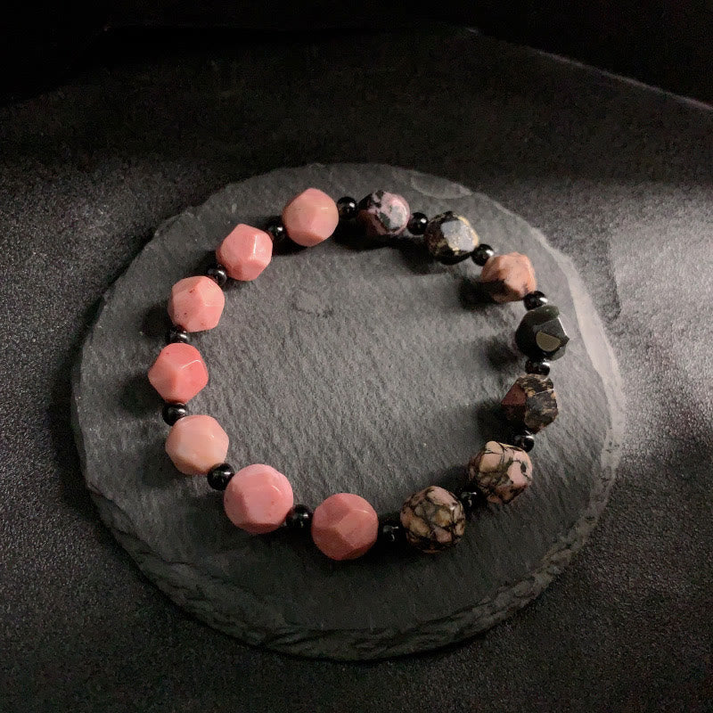 Natural Rhodonite Polygon Bead Bracelet with Black Line & Red Spot Details