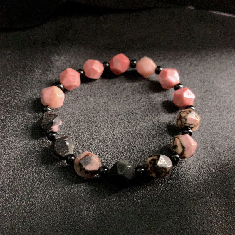 Natural Rhodonite Polygon Bead Bracelet with Black Line & Red Spot Details