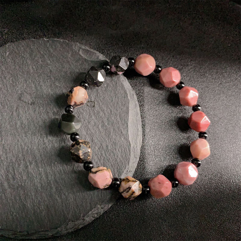Natural Rhodonite Polygon Bead Bracelet with Black Line & Red Spot Details