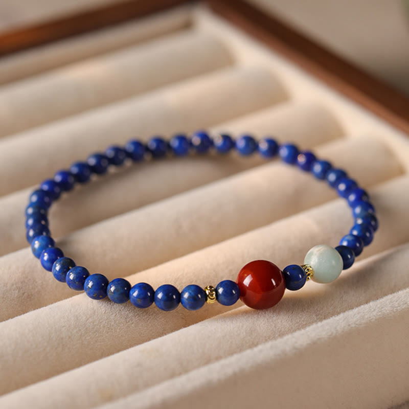 Minimalist Ultra-Thin Lapis Lazuli Red Agate & Shoushan Stone Beaded Bracelet