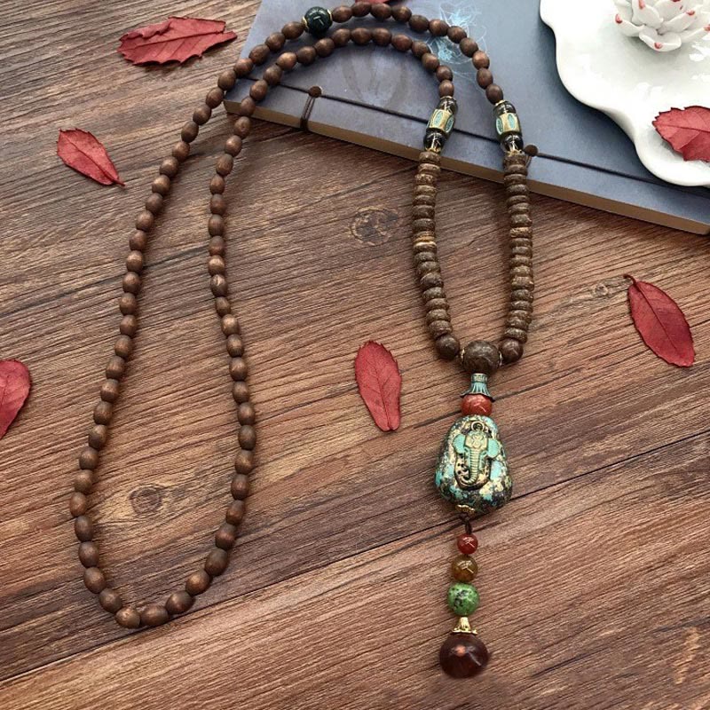 Tibetan Handmade Wenge Wood Protection Dzi Bead Elephant Head Necklace Pendant