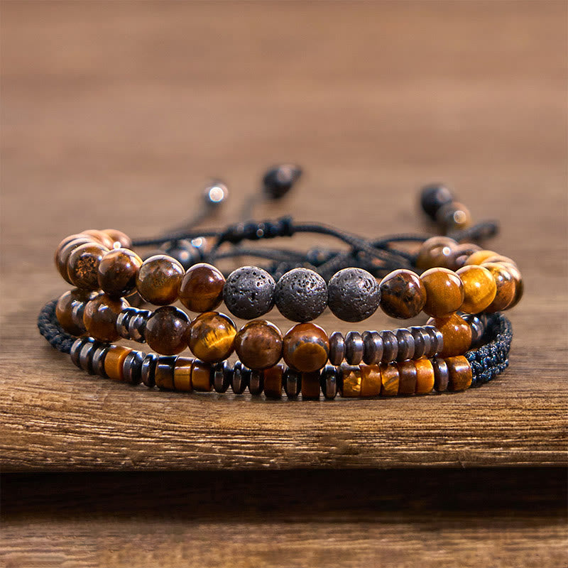 Adjustable Tiger Eye and Lava Stone 3-Piece Stackable Bracelet Set