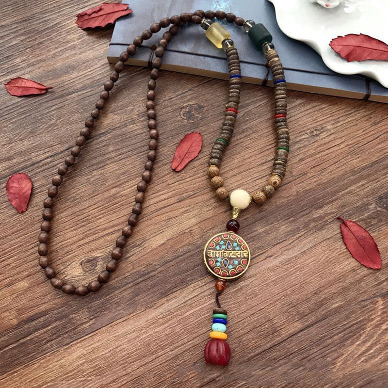 Tibetan Handmade Coconut Shell Schima Wood Great Bright Mantra Copper Bead Balance Necklace Pendant