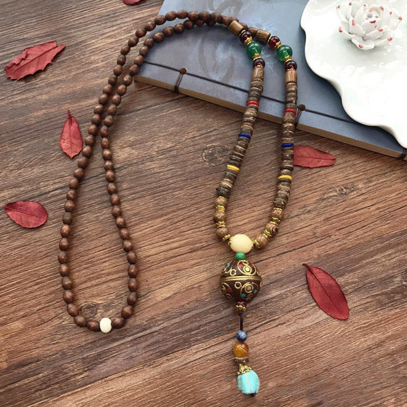 Tibetan Handmade Coconut Shell Schima Wood Great Bright Mantra Copper Bead Balance Necklace Pendant