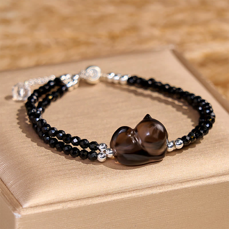 Ice Obsidian and Black Spinel Carved Cat Double Layer Copper Bracelet