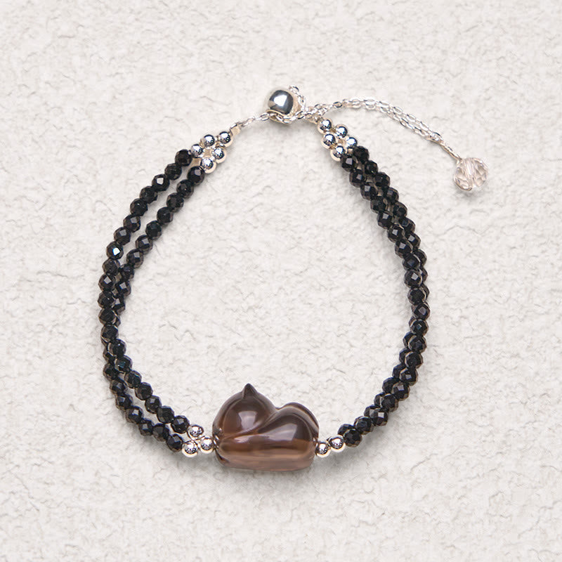 Ice Obsidian and Black Spinel Carved Cat Double Layer Copper Bracelet