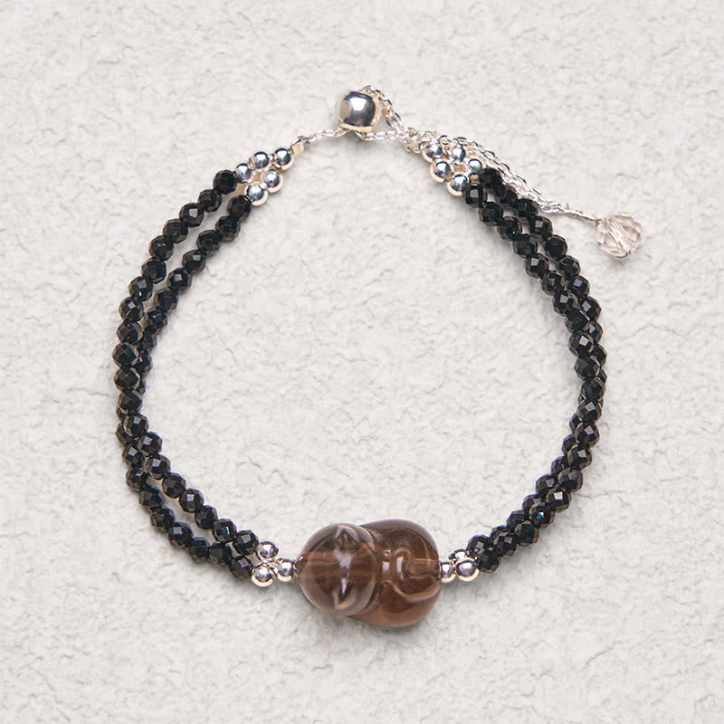 Ice Obsidian and Black Spinel Carved Cat Double Layer Copper Bracelet