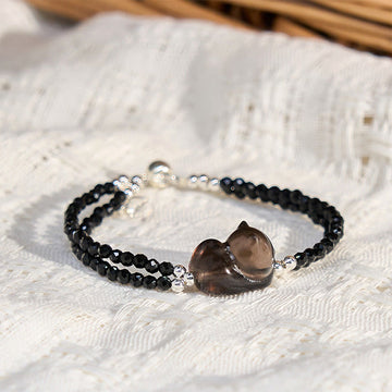 Ice Obsidian and Black Spinel Carved Cat Double Layer Copper Bracelet