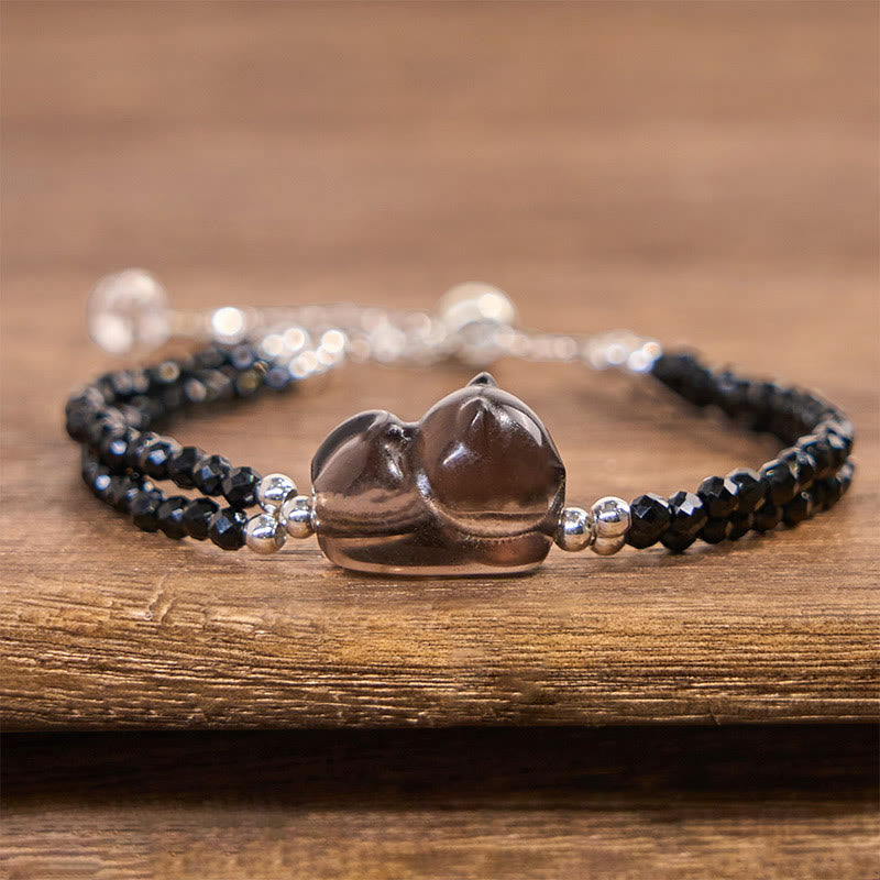 Ice Obsidian and Black Spinel Carved Cat Double Layer Copper Bracelet