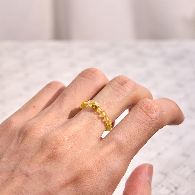 3mm Natural Golden Rutilated Quartz Beaded Elastic String Ring