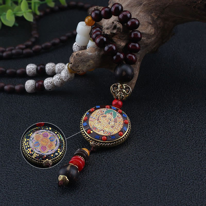 Tibetan Handmade Wood Beads Om Mani Padme Hum Samantabhadra Bodhisattva Purity Necklace Pendant