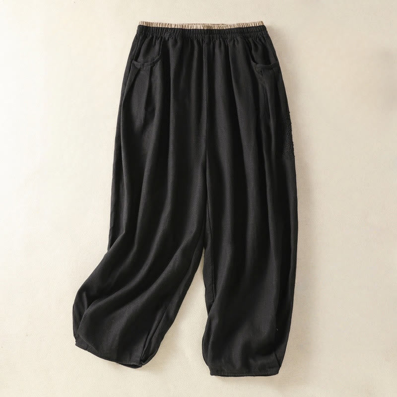 Casual Embroidery Women's Cotton Linen 7-8 Length Harem Pants With Pockets