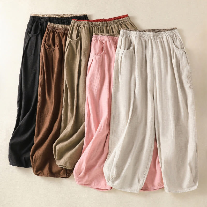 Casual Embroidery Women's Cotton Linen 7-8 Length Harem Pants With Pockets
