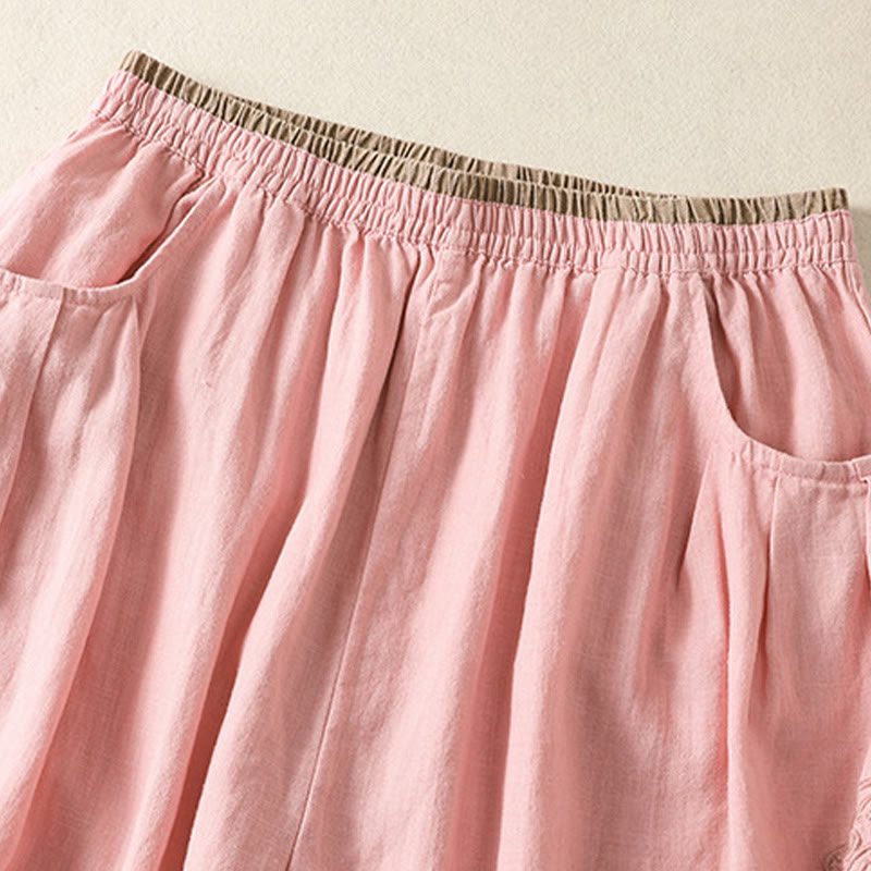 Casual Embroidery Women's Cotton Linen 7-8 Length Harem Pants With Pockets
