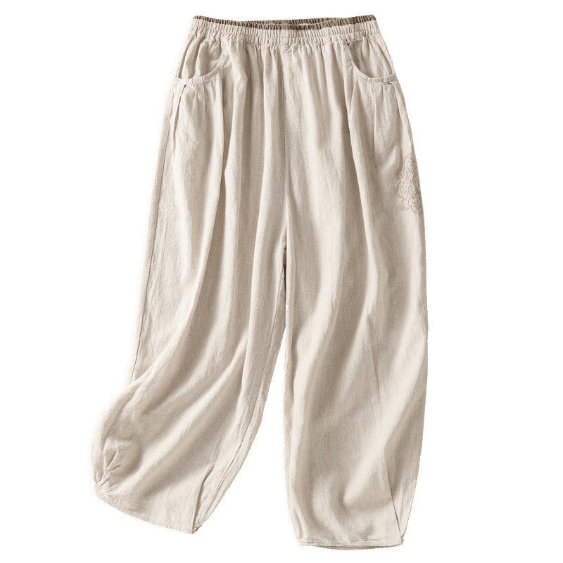 Casual Embroidery Women's Cotton Linen 7-8 Length Harem Pants With Pockets