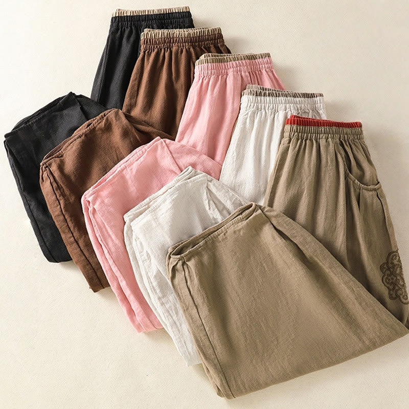 Casual Embroidery Women's Cotton Linen 7-8 Length Harem Pants With Pockets