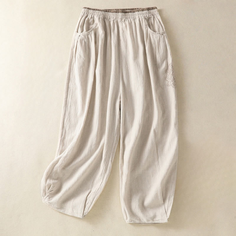 Casual Embroidery Women's Cotton Linen 7-8 Length Harem Pants With Pockets