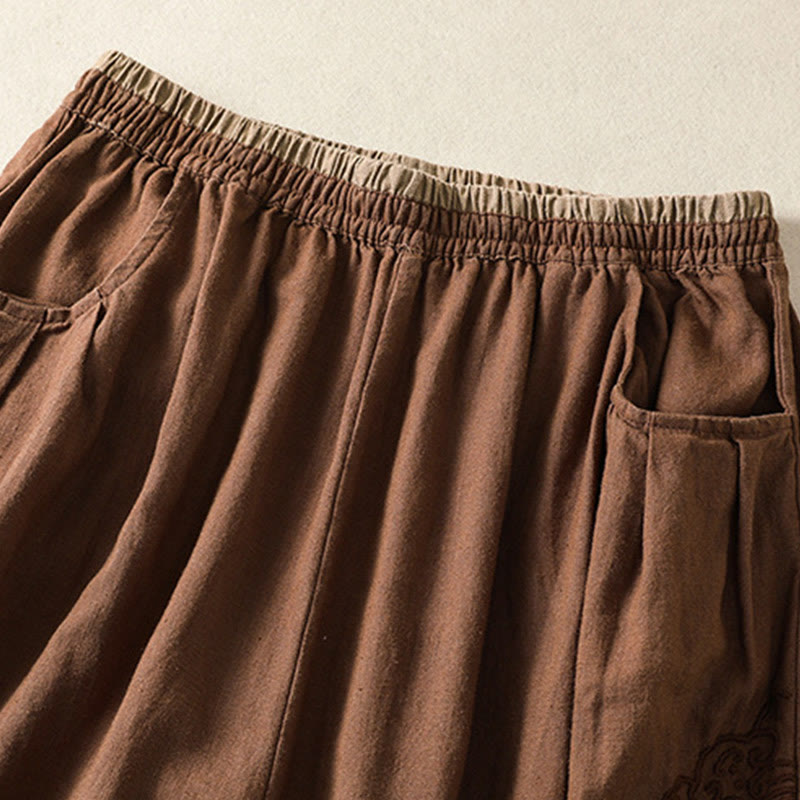 Casual Embroidery Women's Cotton Linen 7-8 Length Harem Pants With Pockets