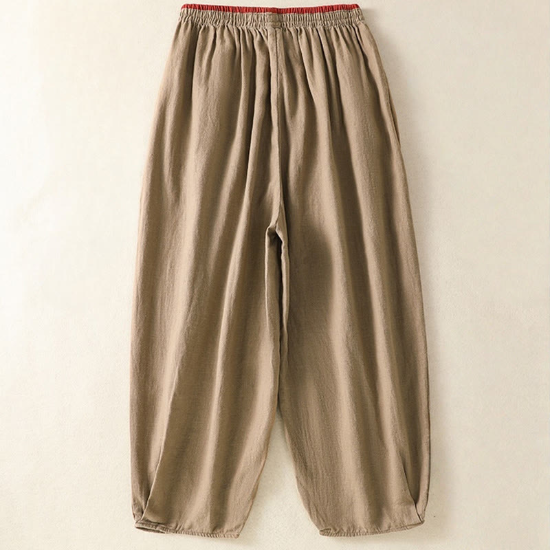 Casual Embroidery Women's Cotton Linen 7-8 Length Harem Pants With Pockets