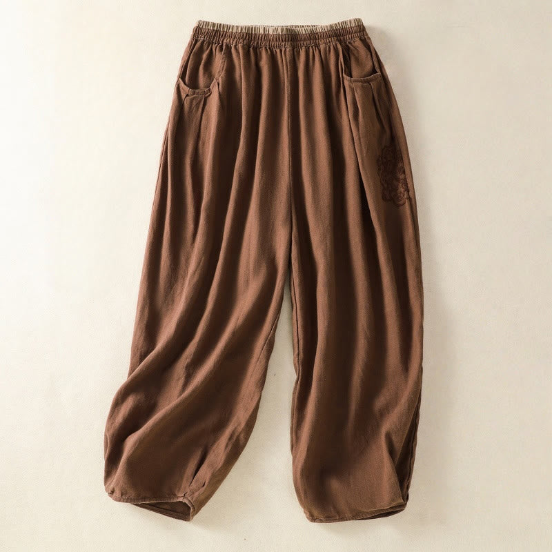 Casual Embroidery Women's Cotton Linen 7-8 Length Harem Pants With Pockets