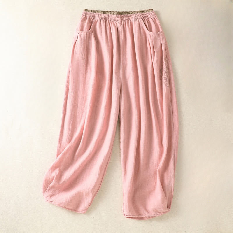 Casual Embroidery Women's Cotton Linen 7-8 Length Harem Pants With Pockets