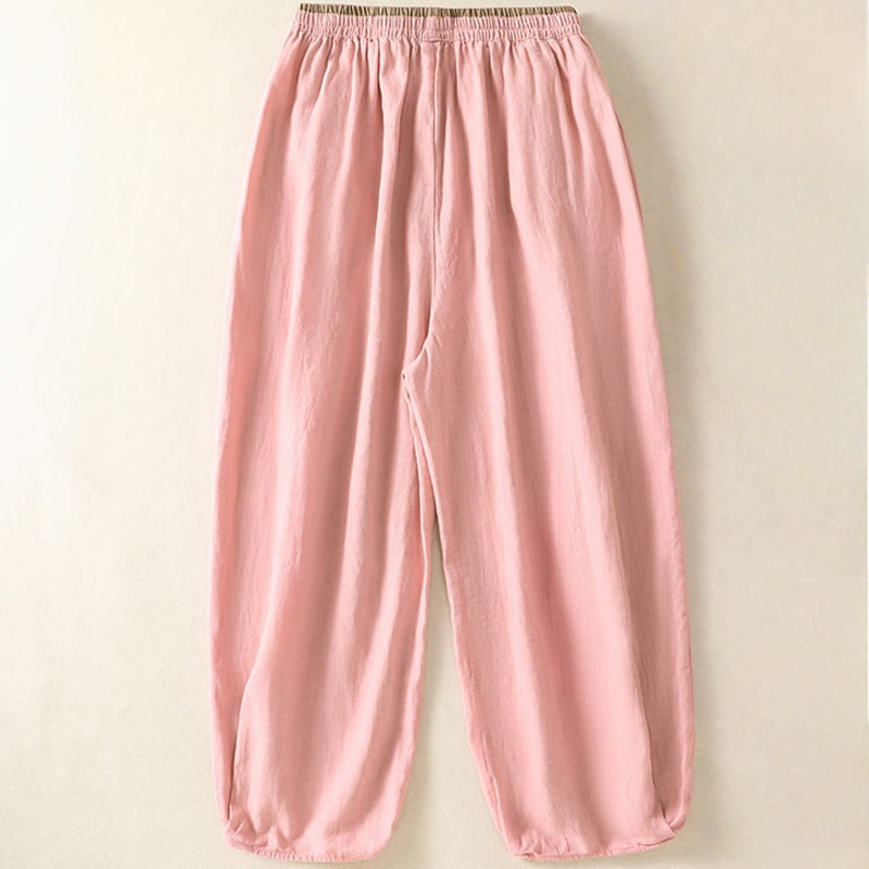 Casual Embroidery Women's Cotton Linen 7-8 Length Harem Pants With Pockets