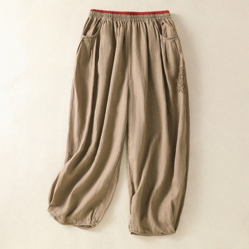 Casual Embroidery Women's Cotton Linen 7-8 Length Harem Pants With Pockets