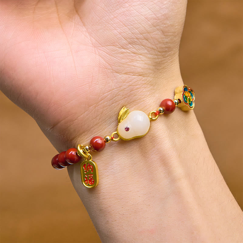 Cinnabar and Liuli Beaded Bracelet with Copper Rabbit Charm and Fu Character