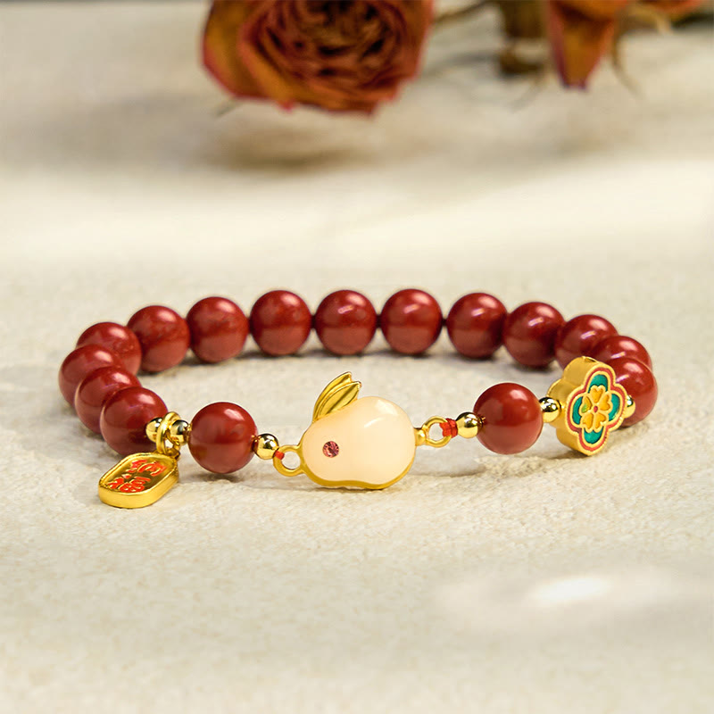 Cinnabar and Liuli Beaded Bracelet with Copper Rabbit Charm and Fu Character