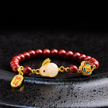 Cinnabar and Liuli Beaded Bracelet with Copper Rabbit Charm and Fu Character
