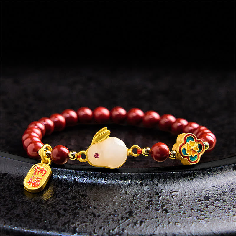 Cinnabar and Liuli Beaded Bracelet with Copper Rabbit Charm and Fu Character