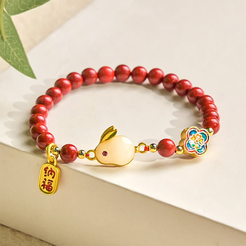 Cinnabar and Liuli Beaded Bracelet with Copper Rabbit Charm and Fu Character