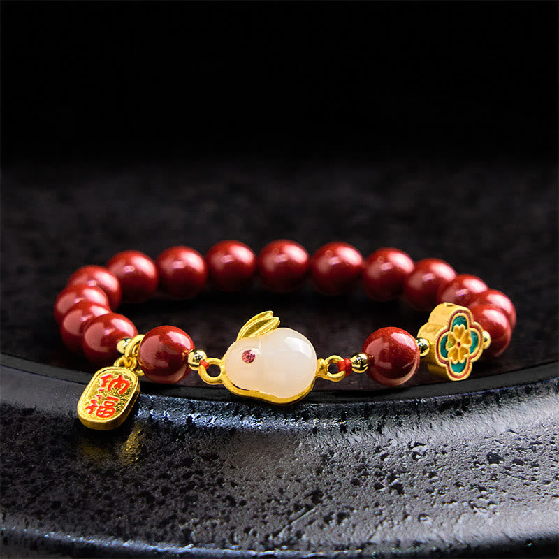 Cinnabar and Liuli Beaded Bracelet with Copper Rabbit Charm and Fu Character