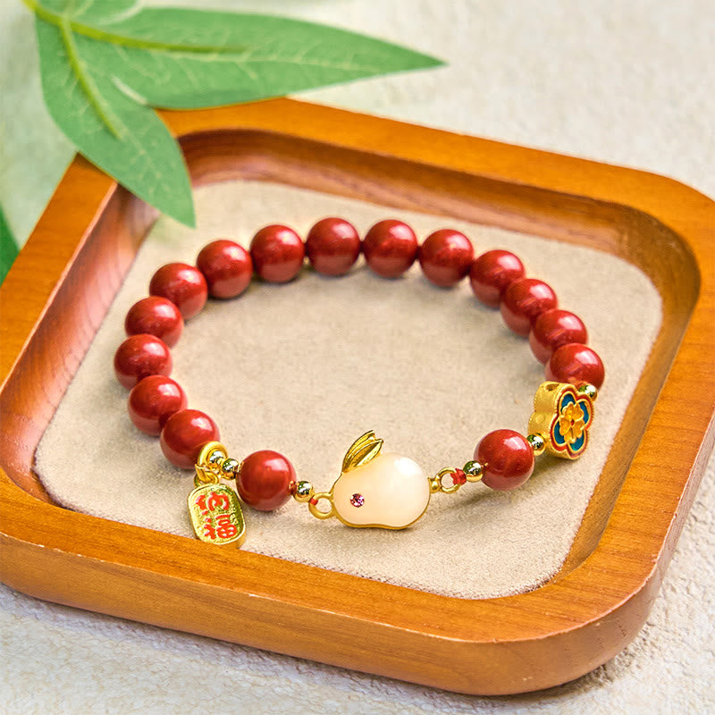 Cinnabar and Liuli Beaded Bracelet with Copper Rabbit Charm and Fu Character