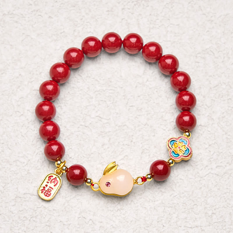 Cinnabar and Liuli Beaded Bracelet with Copper Rabbit Charm and Fu Character