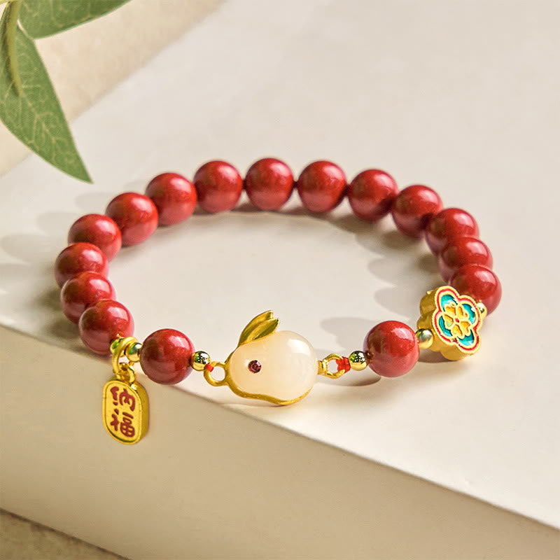 Cinnabar and Liuli Beaded Bracelet with Copper Rabbit Charm and Fu Character