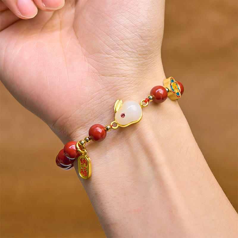 Cinnabar and Liuli Beaded Bracelet with Copper Rabbit Charm and Fu Character