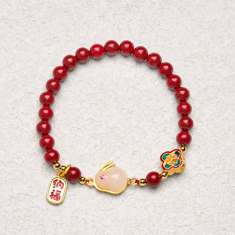 Cinnabar and Liuli Beaded Bracelet with Copper Rabbit Charm and Fu Character