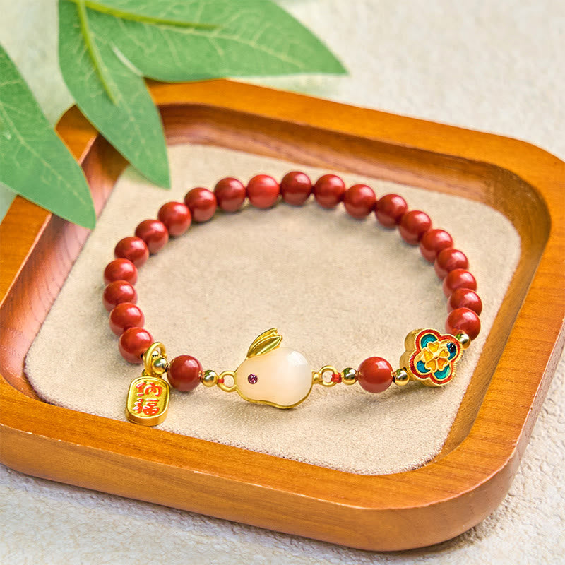 Cinnabar and Liuli Beaded Bracelet with Copper Rabbit Charm and Fu Character