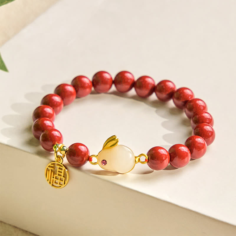 Cinnabar and Copper Rabbit Charm Bracelet with Liuli and Fu Symbol