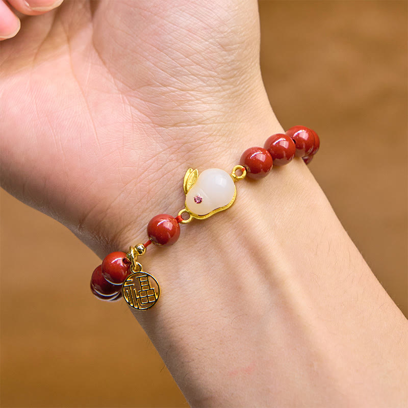 Cinnabar and Copper Rabbit Charm Bracelet with Liuli and Fu Symbol