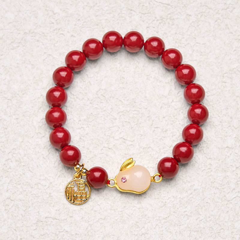 Cinnabar and Copper Rabbit Charm Bracelet with Liuli and Fu Symbol