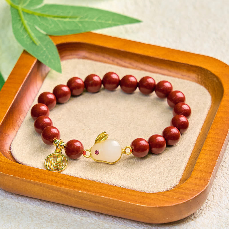 Cinnabar and Copper Rabbit Charm Bracelet with Liuli and Fu Symbol
