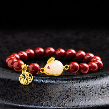 Cinnabar and Copper Rabbit Charm Bracelet with Liuli and Fu Symbol