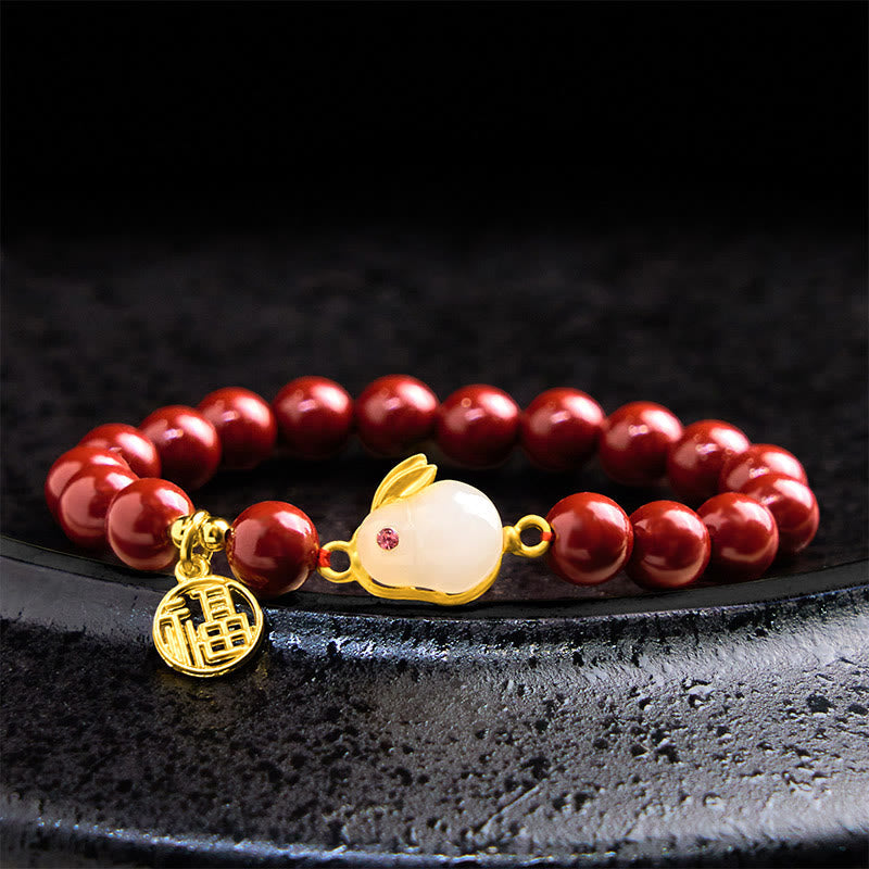 Cinnabar and Copper Rabbit Charm Bracelet with Liuli and Fu Symbol